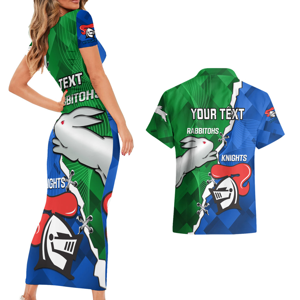 personalised-knights-and-rabbitohs-rugby-couples-matching-short-sleeve-bodycon-dress-and-hawaiian-shirt-2023-sporty-version