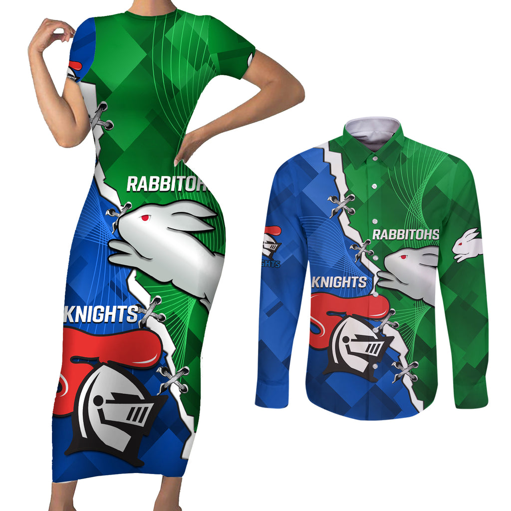 personalised-knights-and-rabbitohs-rugby-couples-matching-short-sleeve-bodycon-dress-and-long-sleeve-button-shirts-2023-sporty-version