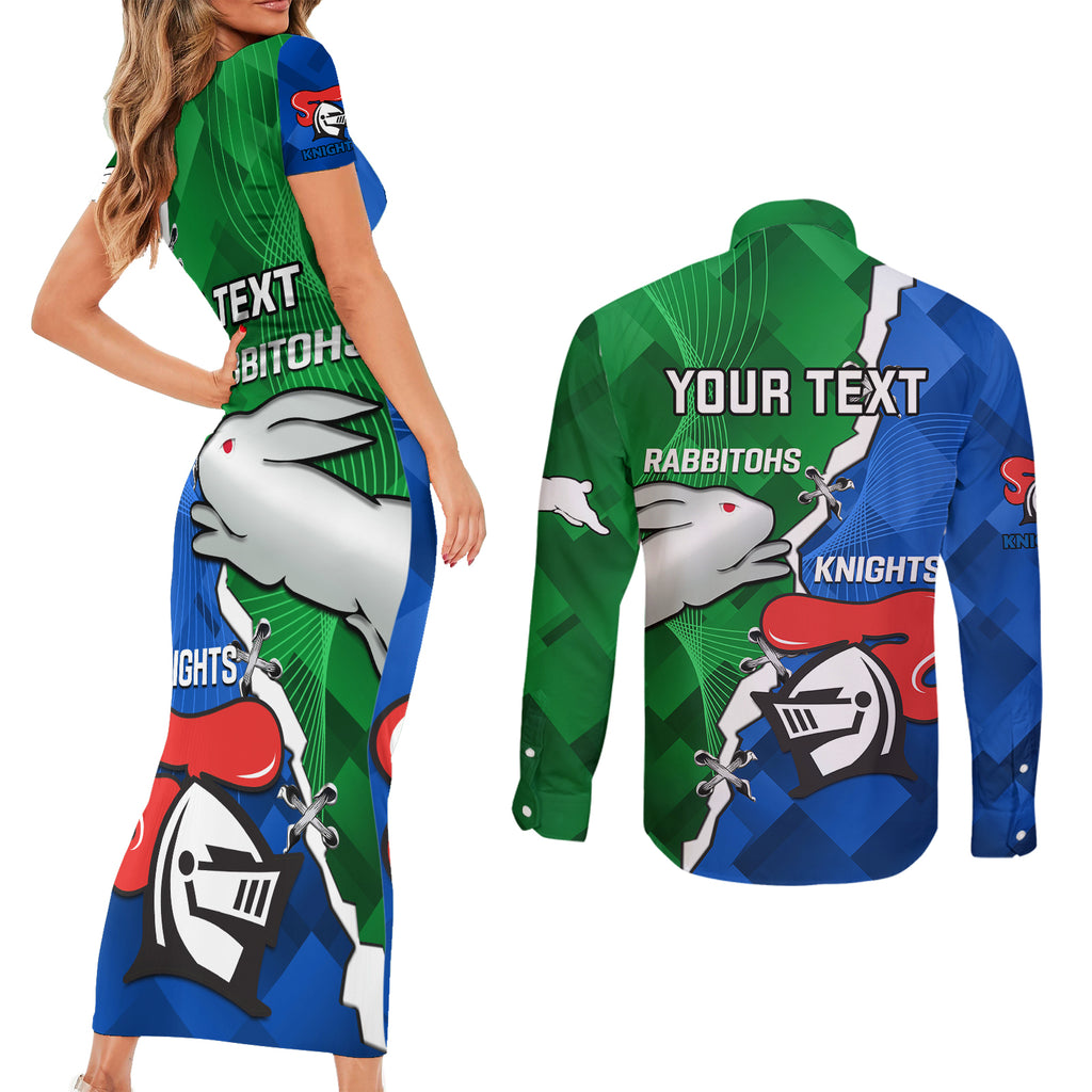 personalised-knights-and-rabbitohs-rugby-couples-matching-short-sleeve-bodycon-dress-and-long-sleeve-button-shirts-2023-sporty-version