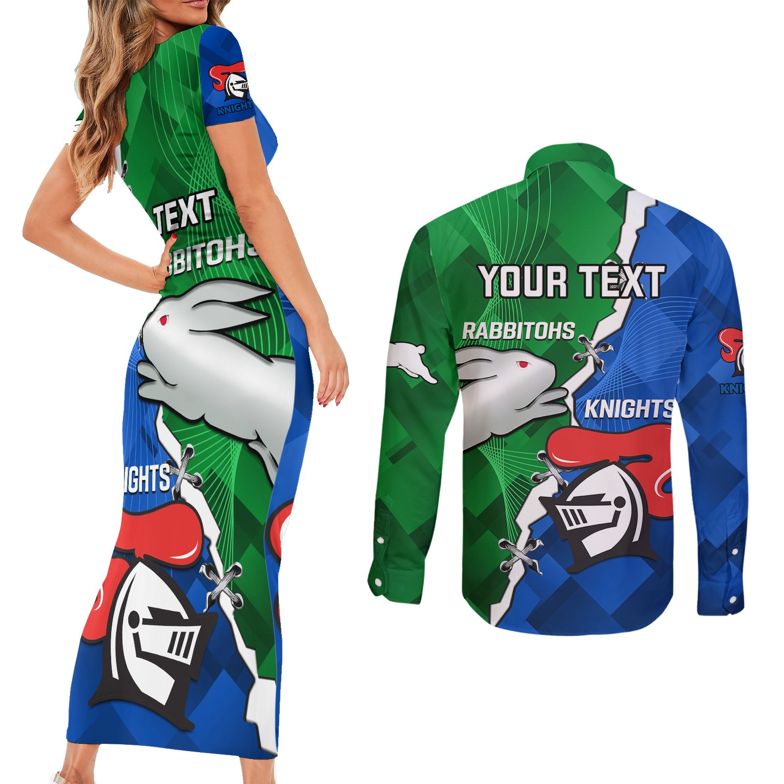 personalised-knights-and-rabbitohs-rugby-couples-matching-short-sleeve-bodycon-dress-and-long-sleeve-button-shirts-2023-sporty-version