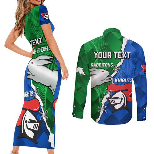 personalised-knights-and-rabbitohs-rugby-couples-matching-short-sleeve-bodycon-dress-and-long-sleeve-button-shirts-2023-sporty-version
