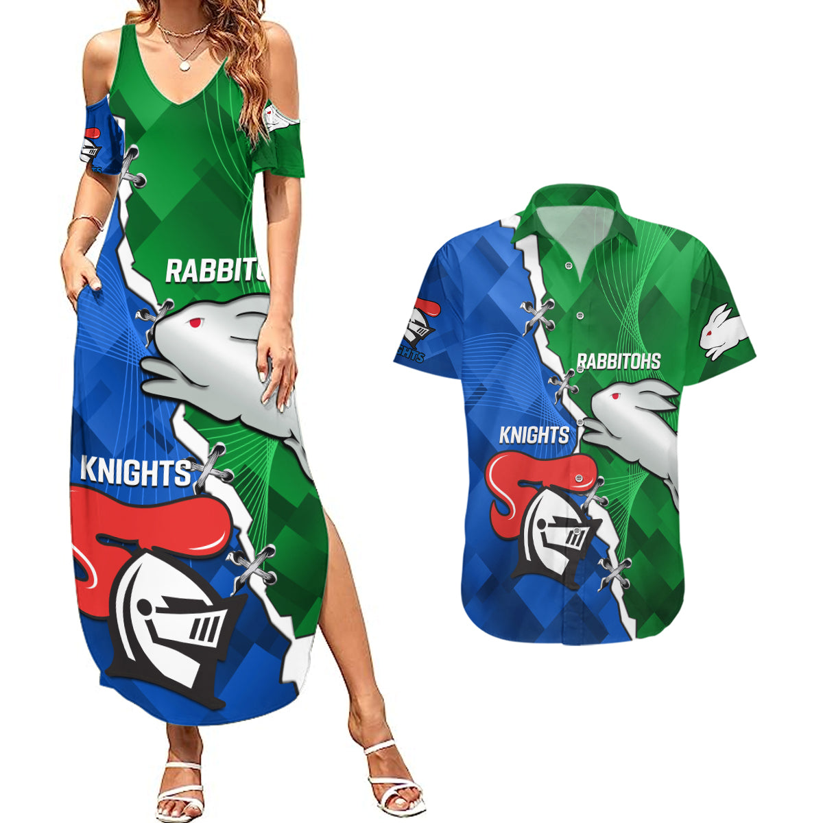 personalised-knights-and-rabbitohs-rugby-couples-matching-summer-maxi-dress-and-hawaiian-shirt-2023-sporty-version