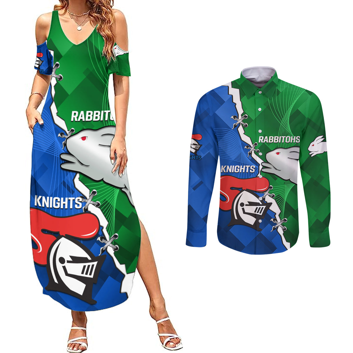 personalised-knights-and-rabbitohs-rugby-couples-matching-summer-maxi-dress-and-long-sleeve-button-shirts-2023-sporty-version