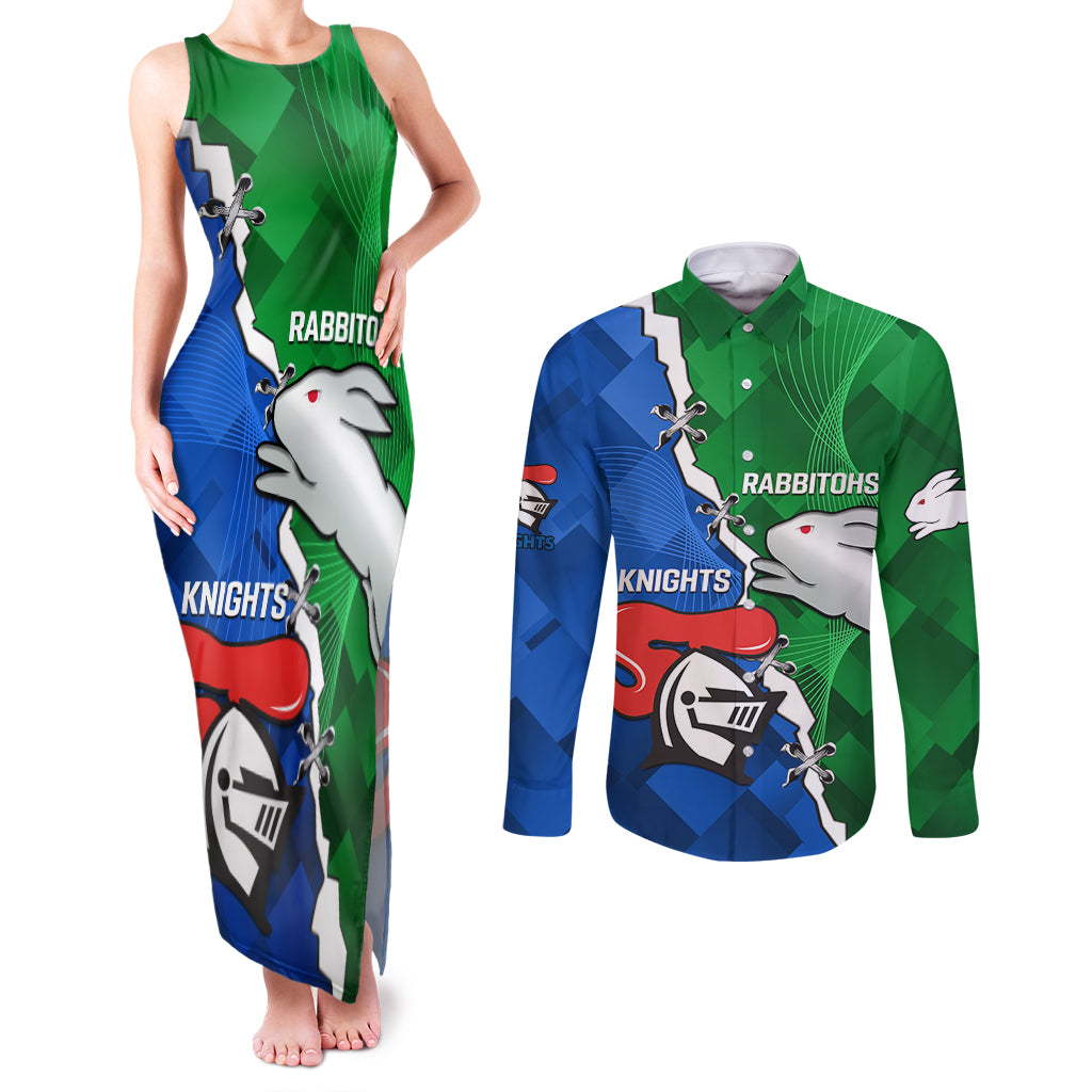 personalised-knights-and-rabbitohs-rugby-couples-matching-tank-maxi-dress-and-long-sleeve-button-shirts-2023-sporty-version