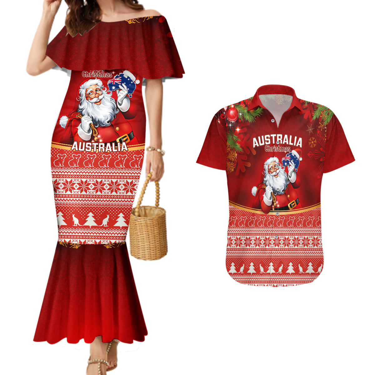 australia-christmas-couples-matching-mermaid-dress-and-hawaiian-shirt-xmas-in-july-happy-santa-claus-with-map-red-style