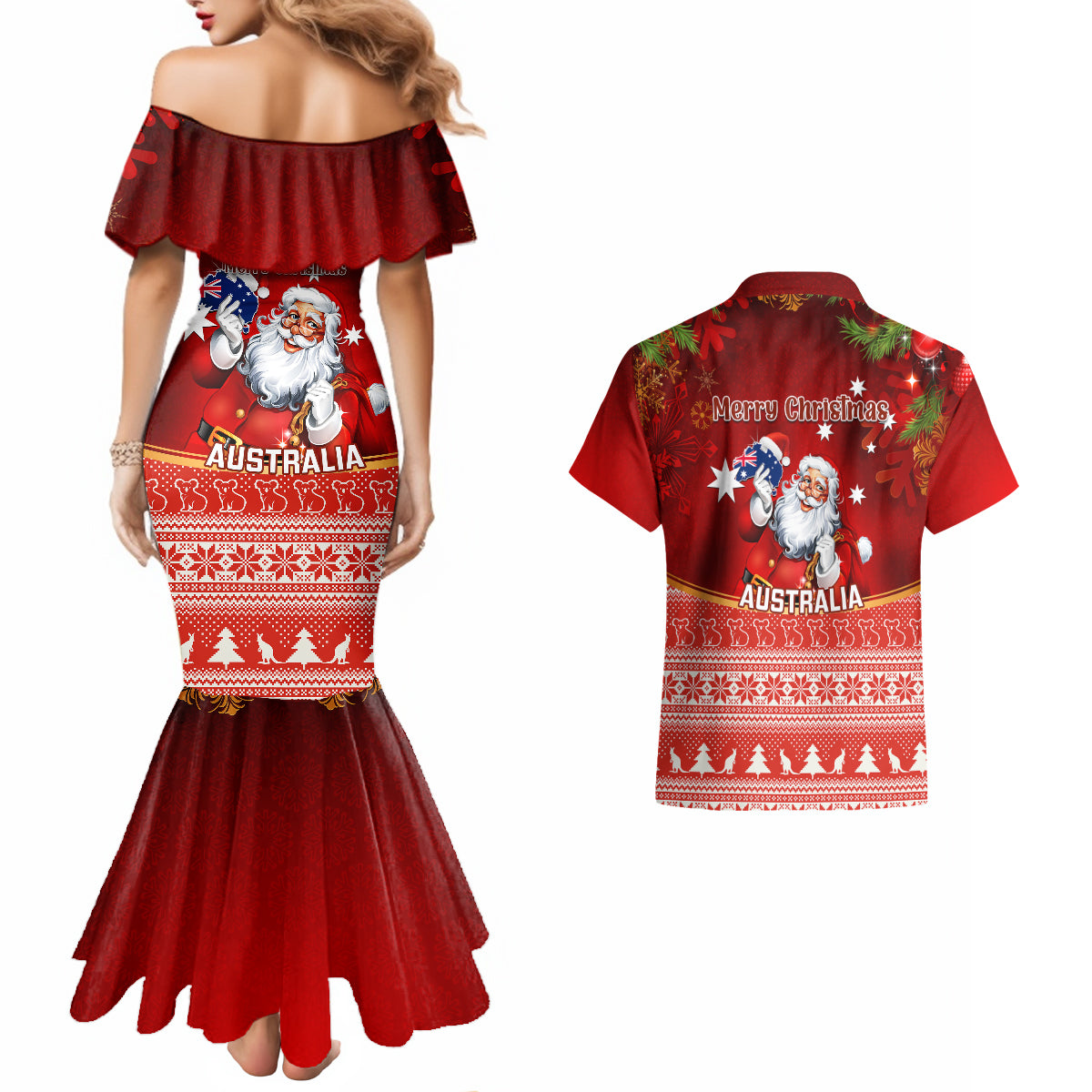 australia-christmas-couples-matching-mermaid-dress-and-hawaiian-shirt-xmas-in-july-happy-santa-claus-with-map-red-style
