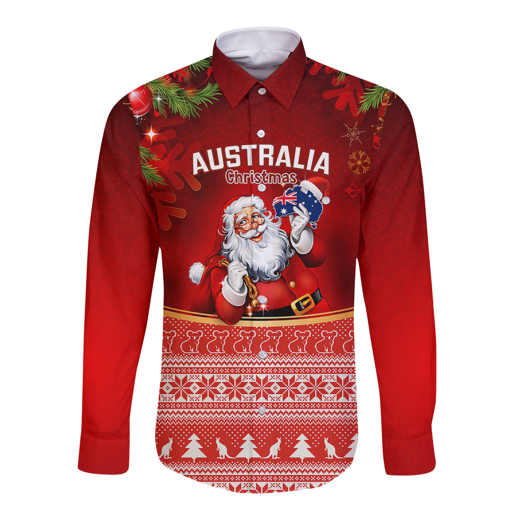 australia-christmas-long-sleeve-button-shirt-xmas-in-july-happy-santa-claus-with-map-red-style
