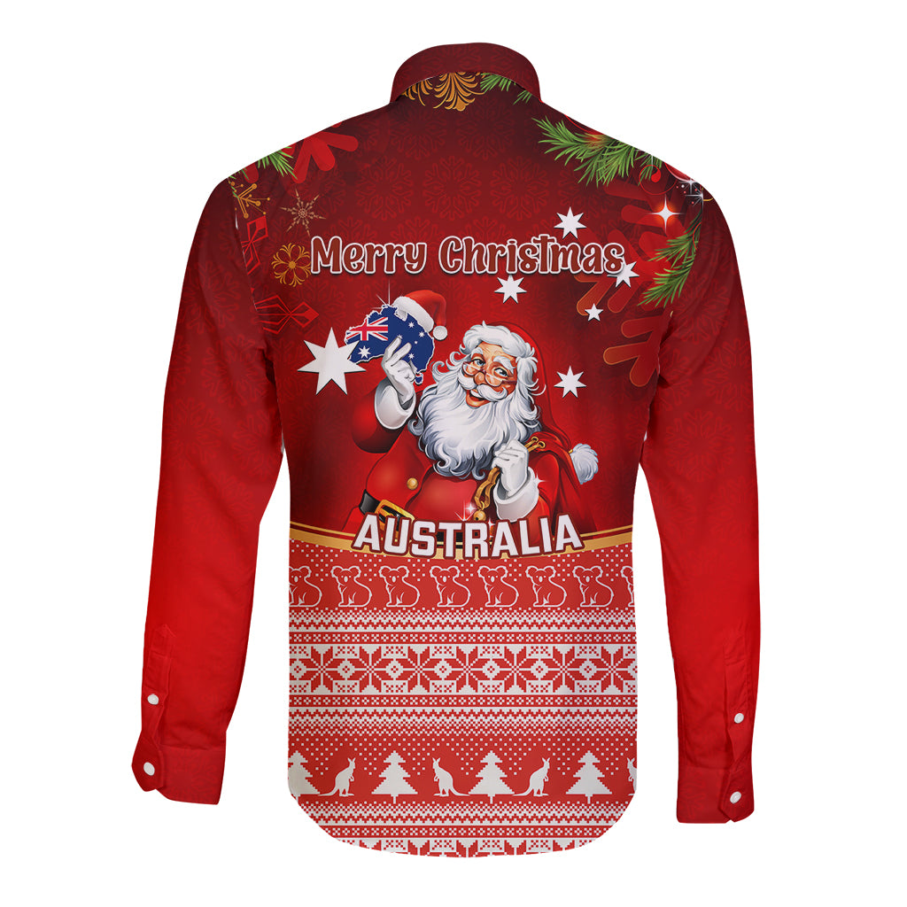 australia-christmas-long-sleeve-button-shirt-xmas-in-july-happy-santa-claus-with-map-red-style