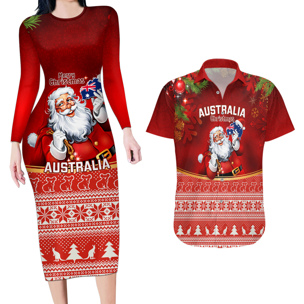 personalised-australia-christmas-couples-matching-long-sleeve-bodycon-dress-and-hawaiian-shirt-xmas-in-july-happy-santa-claus-with-map-red-style