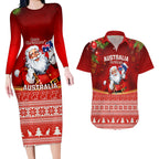 personalised-australia-christmas-couples-matching-long-sleeve-bodycon-dress-and-hawaiian-shirt-xmas-in-july-happy-santa-claus-with-map-red-style