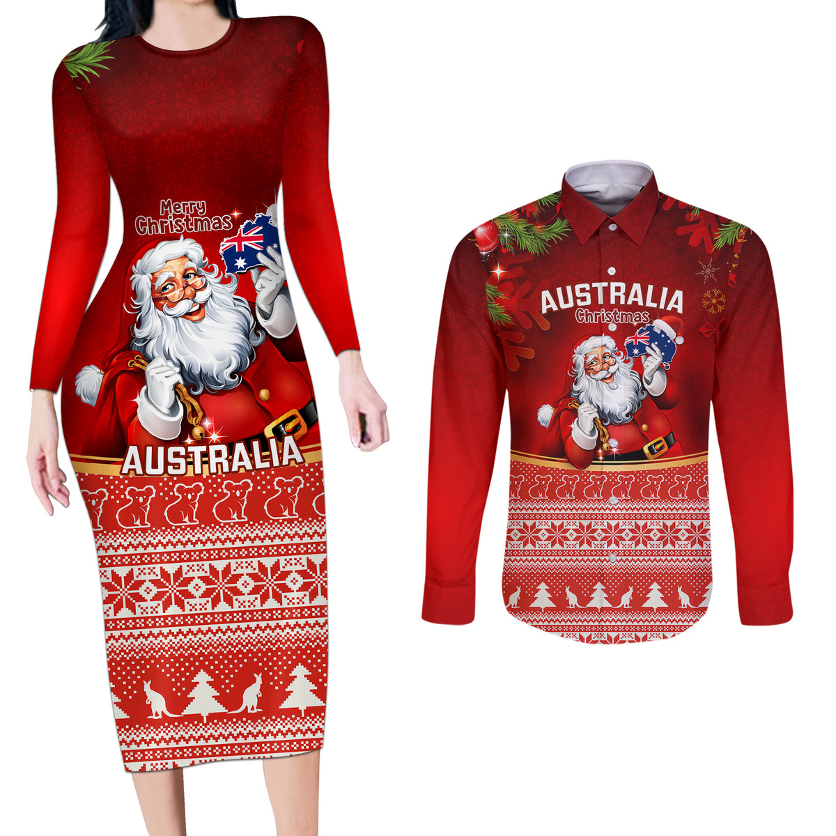 personalised-australia-christmas-couples-matching-long-sleeve-bodycon-dress-and-long-sleeve-button-shirts-xmas-in-july-happy-santa-claus-with-map-red-style