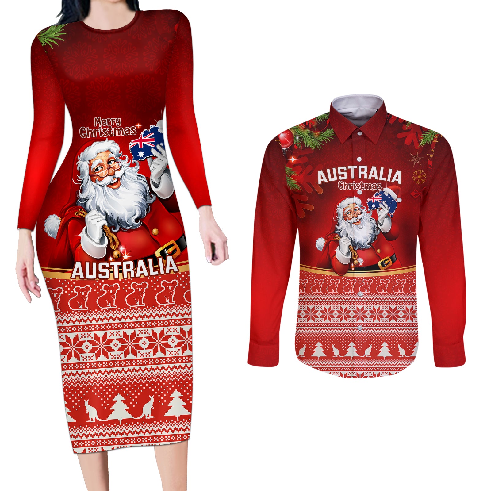 personalised-australia-christmas-couples-matching-long-sleeve-bodycon-dress-and-long-sleeve-button-shirts-xmas-in-july-happy-santa-claus-with-map-red-style