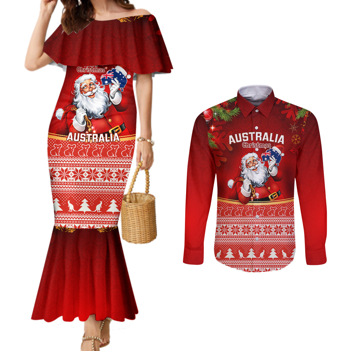 personalised-australia-christmas-couples-matching-mermaid-dress-and-long-sleeve-button-shirts-xmas-in-july-happy-santa-claus-with-map-red-style