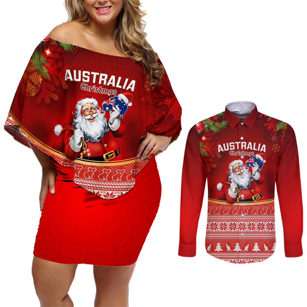personalised-australia-christmas-couples-matching-off-shoulder-short-dress-and-long-sleeve-button-shirts-xmas-in-july-happy-santa-claus-with-map-red-style