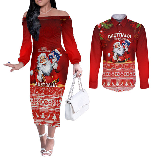 personalised-australia-christmas-couples-matching-off-the-shoulder-long-sleeve-dress-and-long-sleeve-button-shirts-xmas-in-july-happy-santa-claus-with-map-red-style