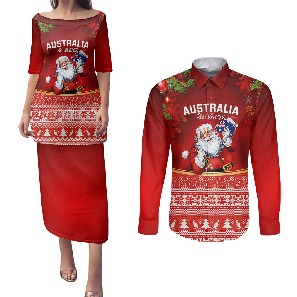 personalised-australia-christmas-couples-matching-puletasi-dress-and-long-sleeve-button-shirts-xmas-in-july-happy-santa-claus-with-map-red-style
