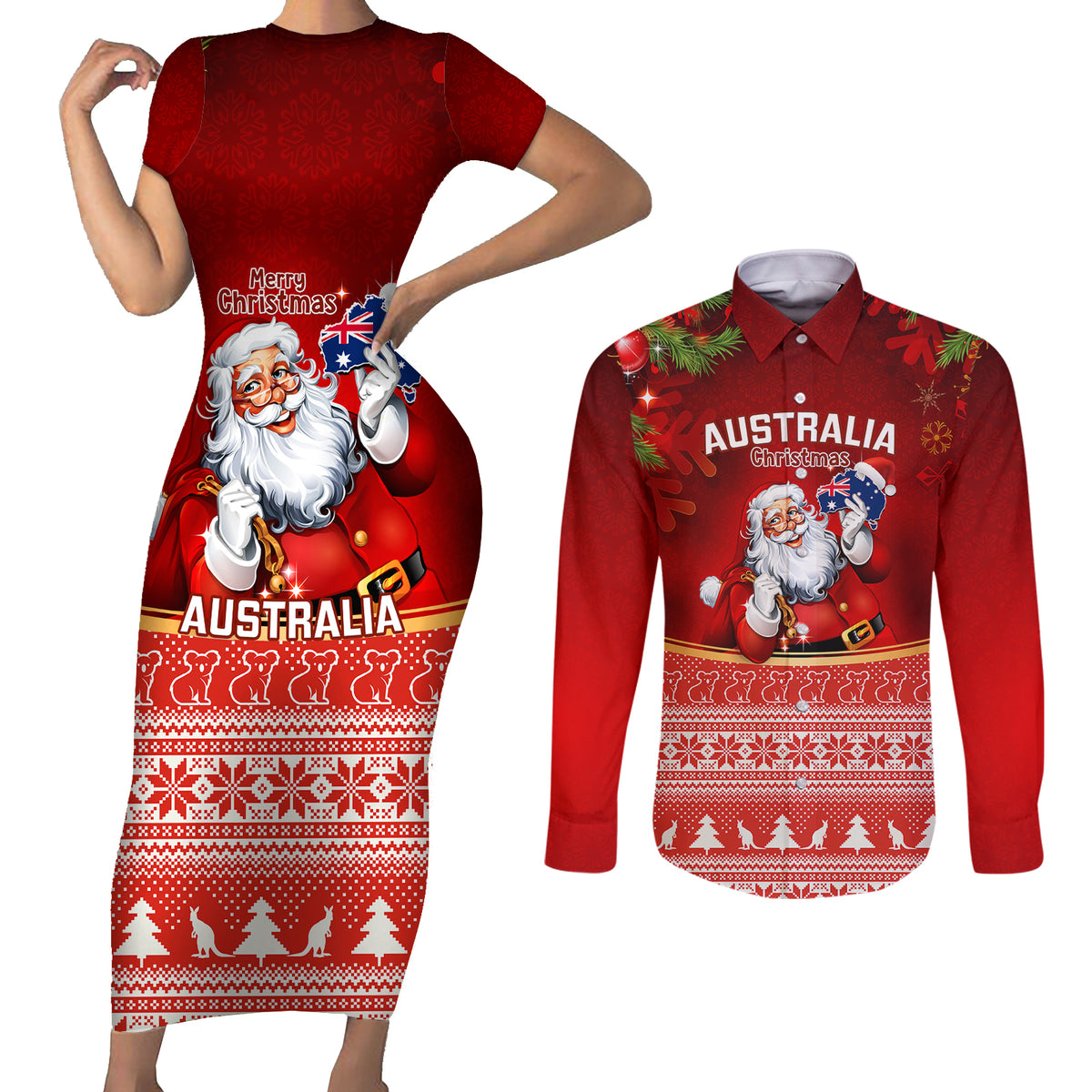 personalised-australia-christmas-couples-matching-short-sleeve-bodycon-dress-and-long-sleeve-button-shirts-xmas-in-july-happy-santa-claus-with-map-red-style