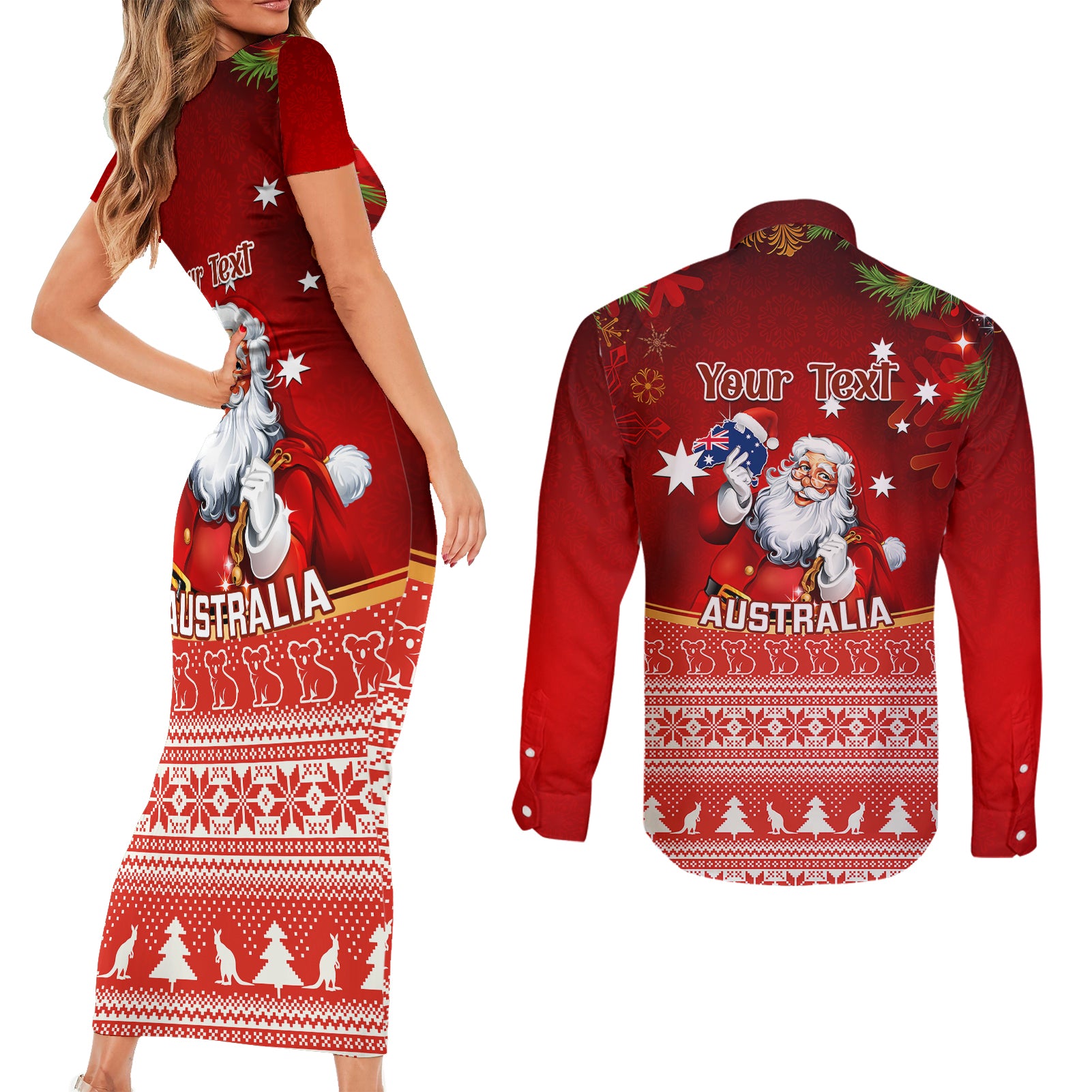 personalised-australia-christmas-couples-matching-short-sleeve-bodycon-dress-and-long-sleeve-button-shirts-xmas-in-july-happy-santa-claus-with-map-red-style