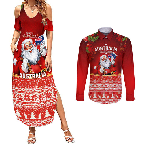 personalised-australia-christmas-couples-matching-summer-maxi-dress-and-long-sleeve-button-shirts-xmas-in-july-happy-santa-claus-with-map-red-style