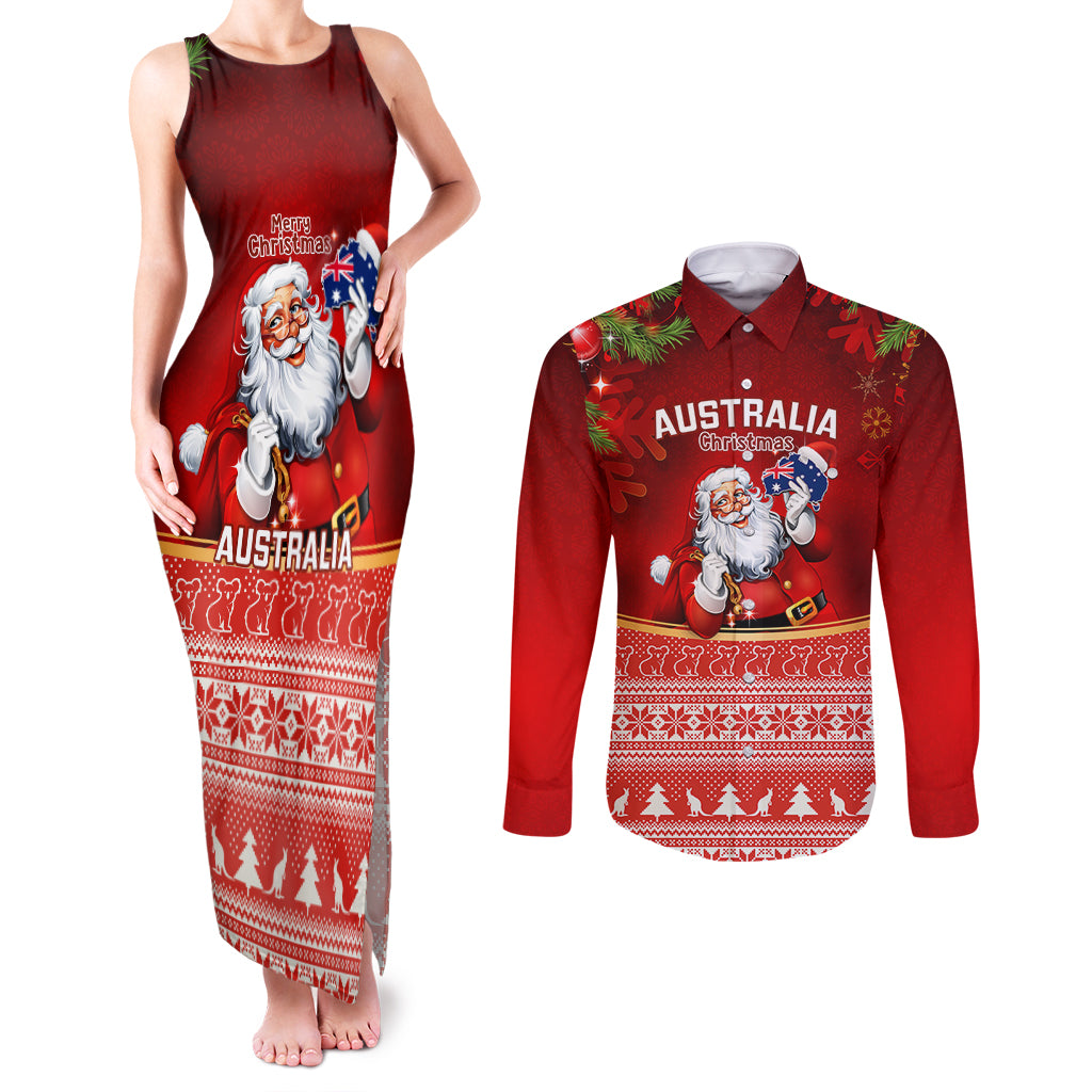 personalised-australia-christmas-couples-matching-tank-maxi-dress-and-long-sleeve-button-shirts-xmas-in-july-happy-santa-claus-with-map-red-style