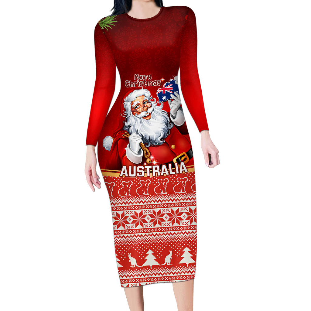 personalised-australia-christmas-long-sleeve-bodycon-dress-xmas-in-july-happy-santa-claus-with-map-red-style