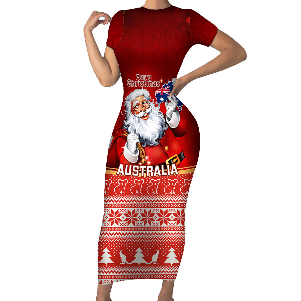 personalised-australia-christmas-short-sleeve-bodycon-dress-xmas-in-july-happy-santa-claus-with-map-red-style