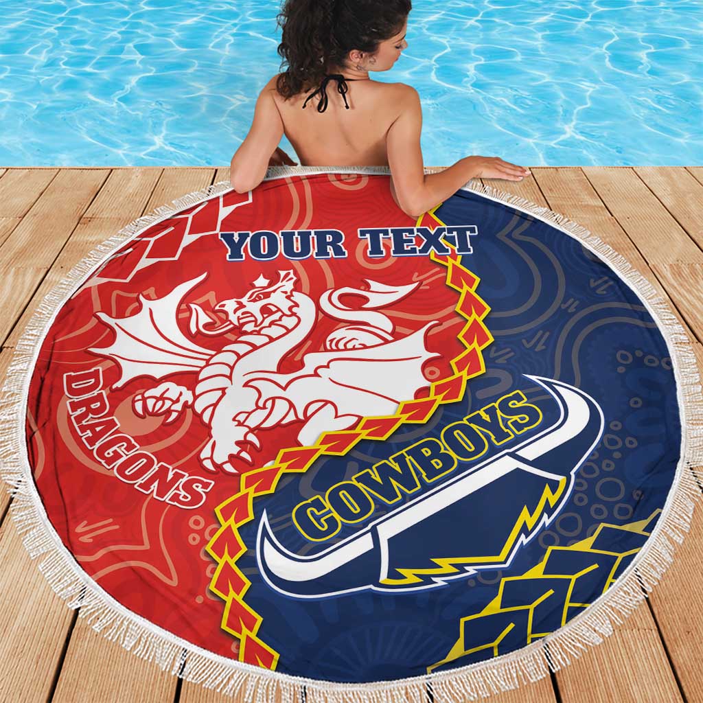 Custom Dragons And Cowboys Rugby Beach Blanket Aboriginal Mix Polynesian Pattern