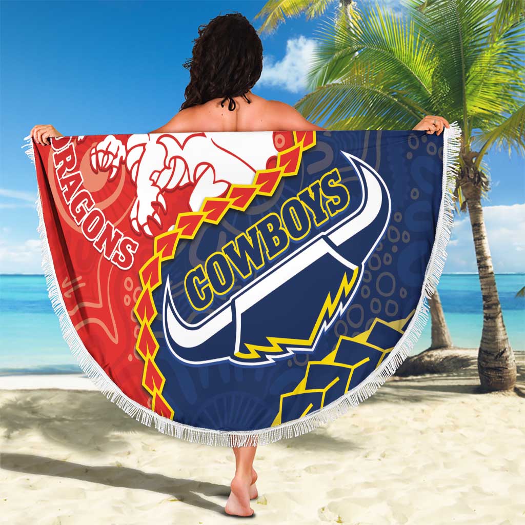 Custom Dragons And Cowboys Rugby Beach Blanket Aboriginal Mix Polynesian Pattern