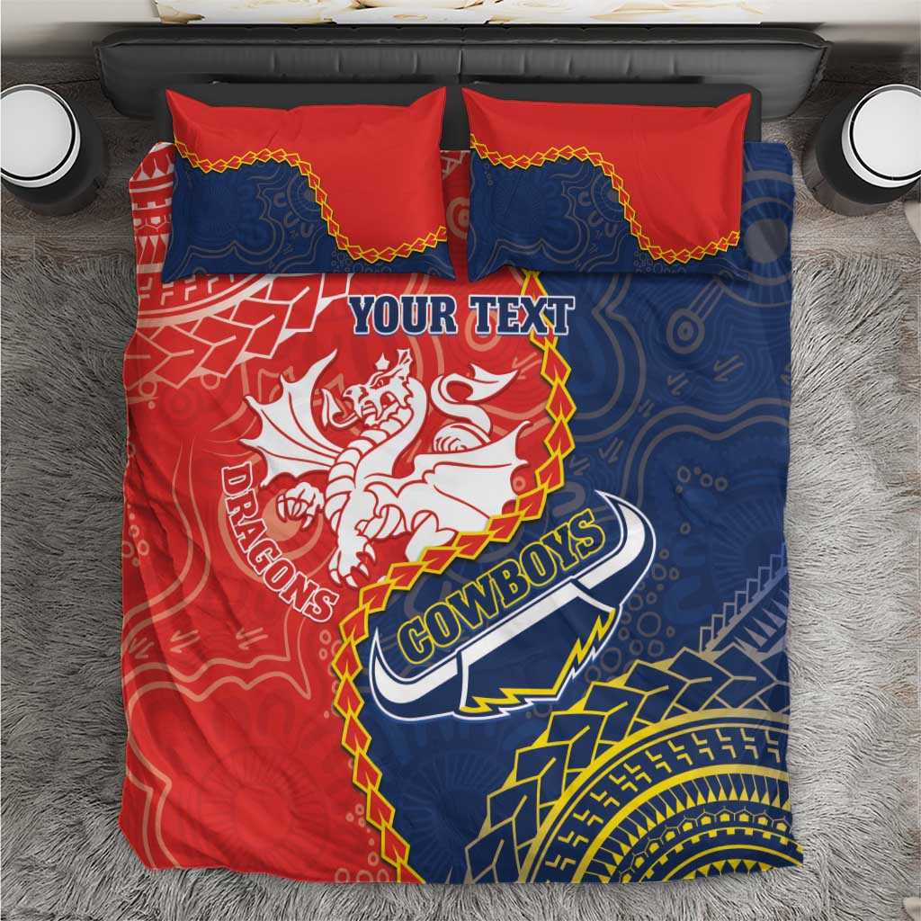 Custom Dragons And Cowboys Rugby Bedding Set Aboriginal Mix Polynesian Pattern