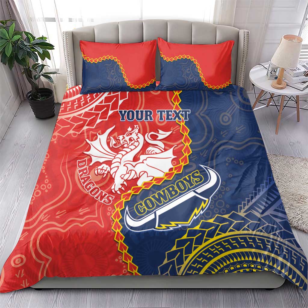Custom Dragons And Cowboys Rugby Bedding Set Aboriginal Mix Polynesian Pattern