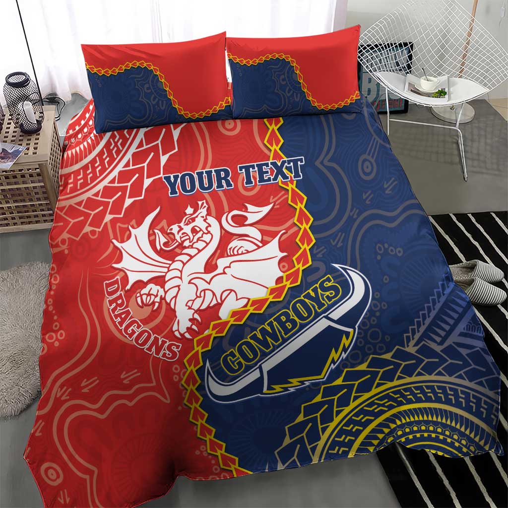 Custom Dragons And Cowboys Rugby Bedding Set Aboriginal Mix Polynesian Pattern
