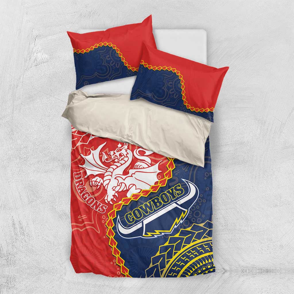 Custom Dragons And Cowboys Rugby Bedding Set Aboriginal Mix Polynesian Pattern