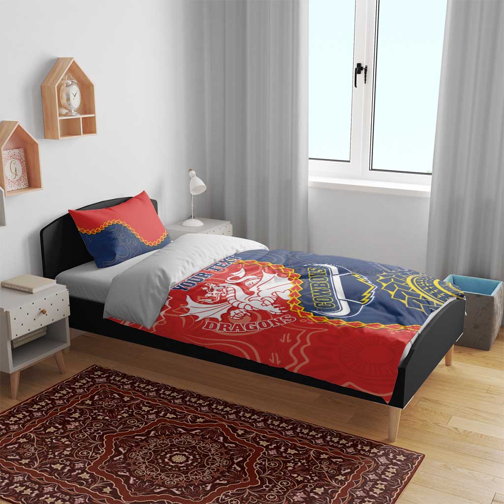 Custom Dragons And Cowboys Rugby Bedding Set Aboriginal Mix Polynesian Pattern