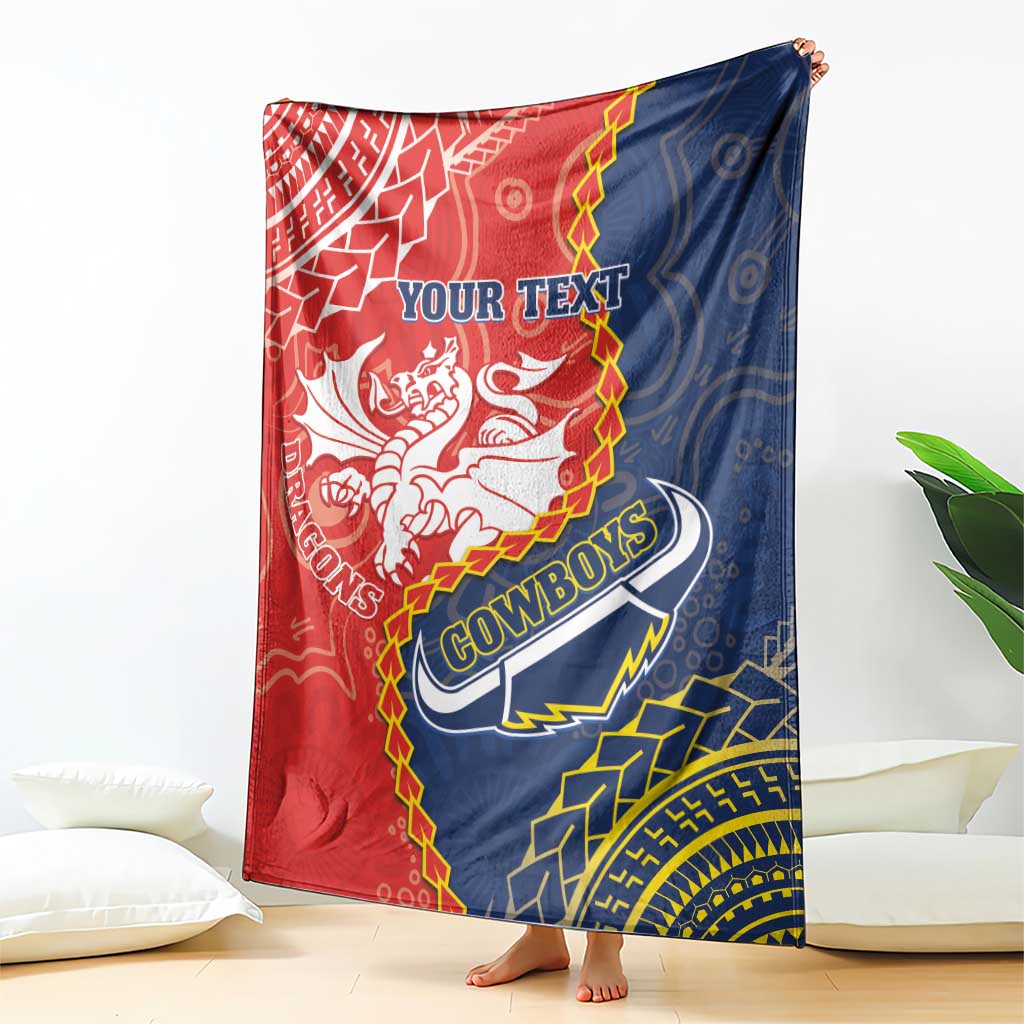 Custom Dragons And Cowboys Rugby Blanket Aboriginal Mix Polynesian Pattern