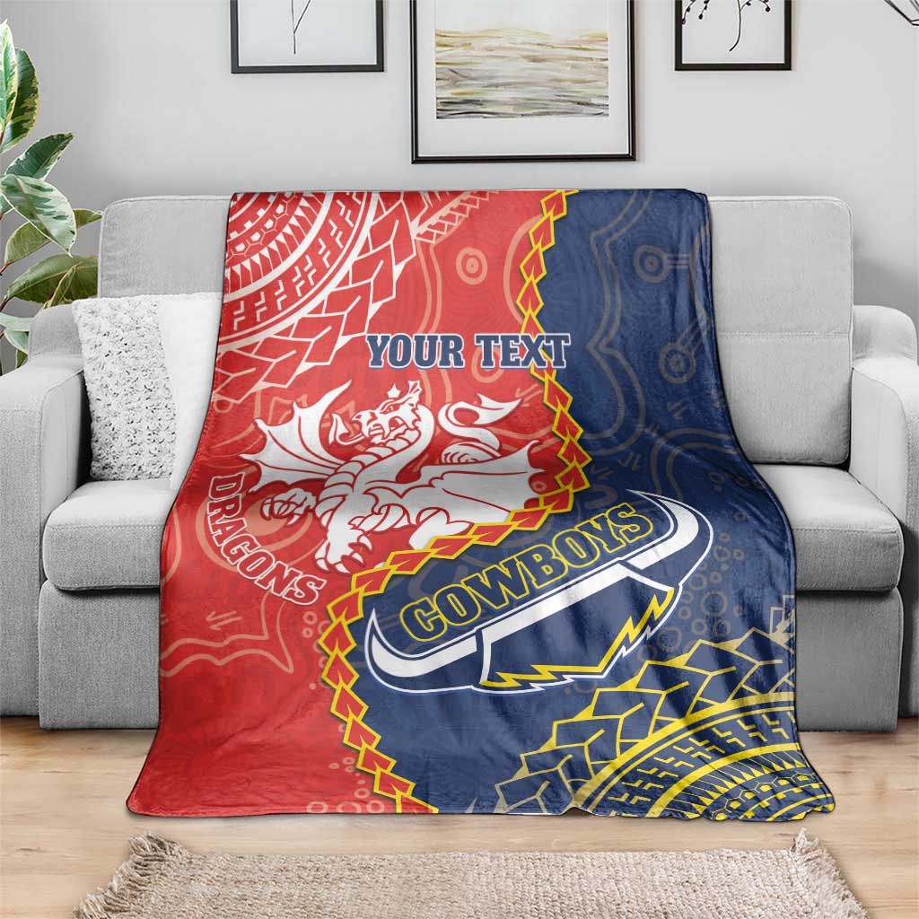 Custom Dragons And Cowboys Rugby Blanket Aboriginal Mix Polynesian Pattern