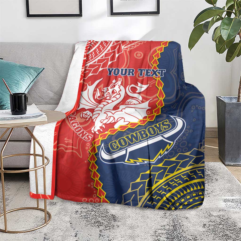 Custom Dragons And Cowboys Rugby Blanket Aboriginal Mix Polynesian Pattern