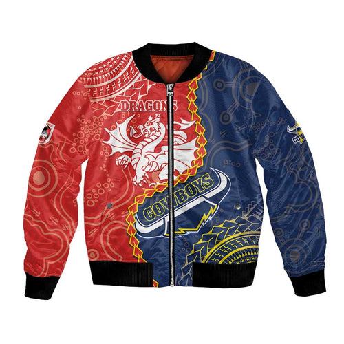 Custom Dragons And Cowboys Rugby Bomber Jacket Aboriginal Mix Polynesian Pattern