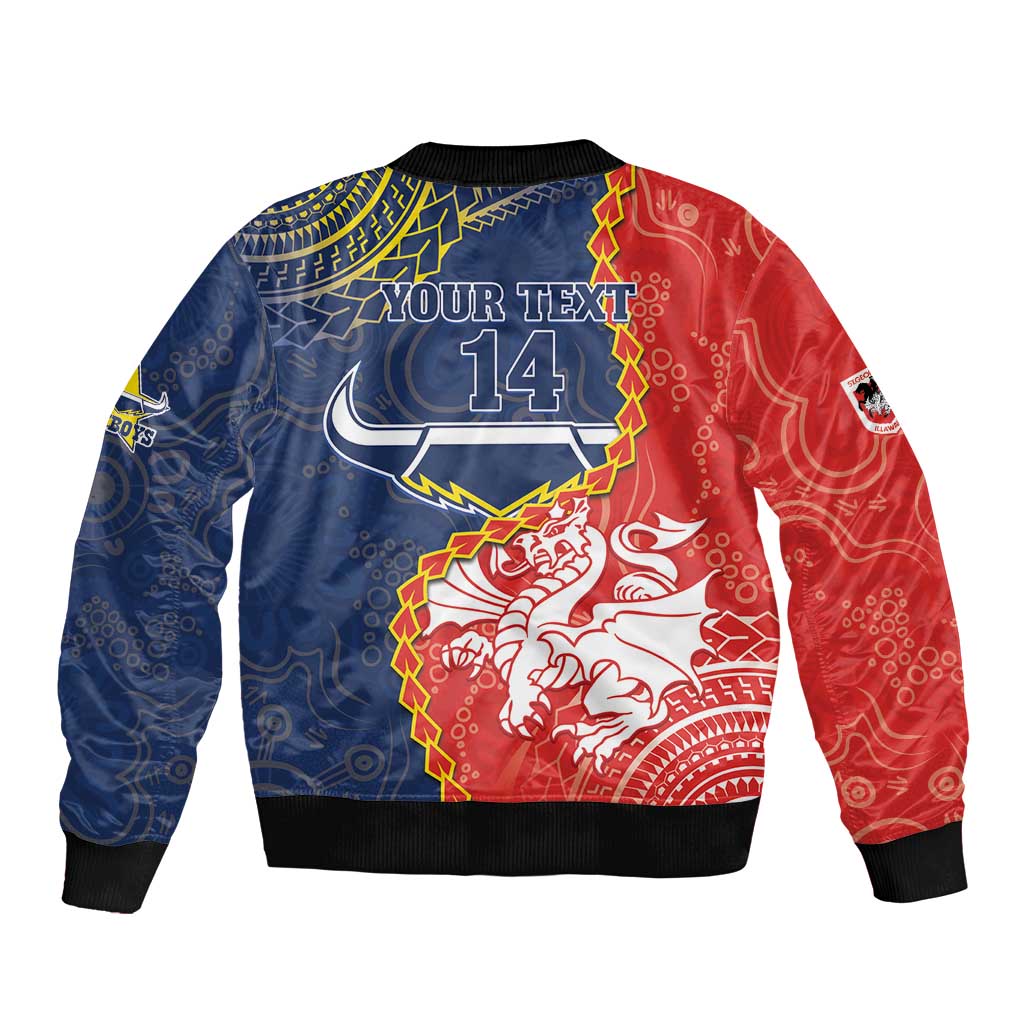 Custom Dragons And Cowboys Rugby Bomber Jacket Aboriginal Mix Polynesian Pattern