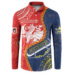 Custom Dragons And Cowboys Rugby Button Sweatshirt Aboriginal Mix Polynesian Pattern