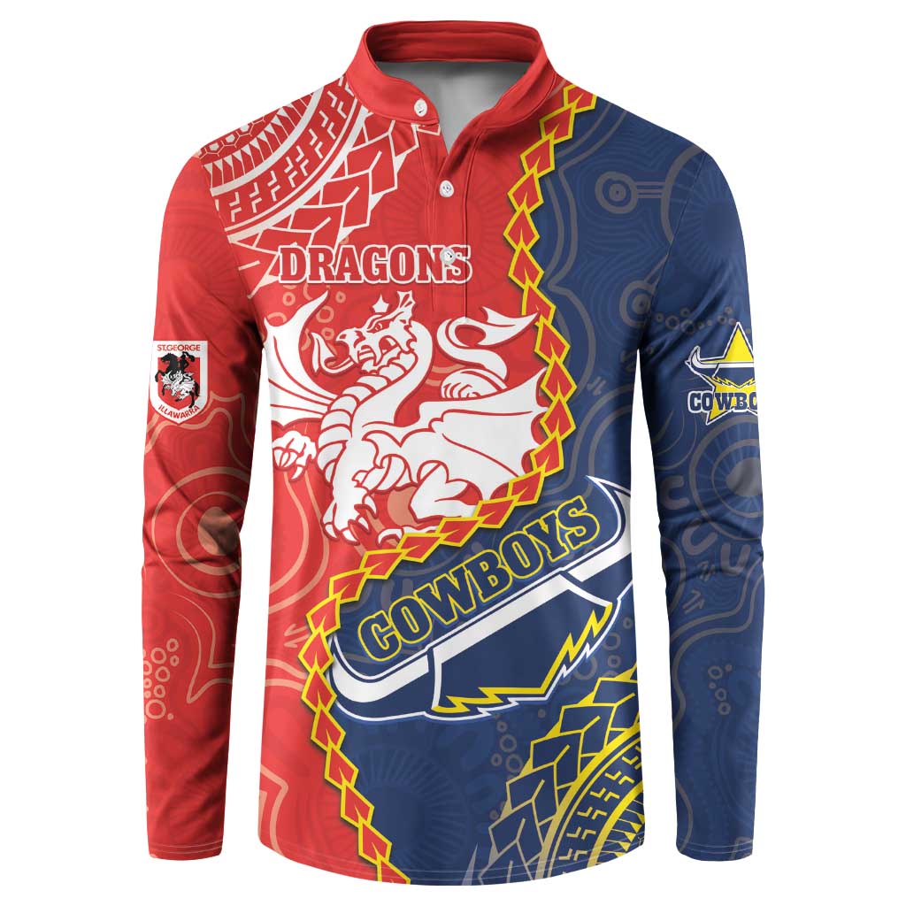 Custom Dragons And Cowboys Rugby Button Sweatshirt Aboriginal Mix Polynesian Pattern