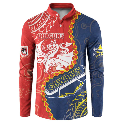 Custom Dragons And Cowboys Rugby Button Sweatshirt Aboriginal Mix Polynesian Pattern