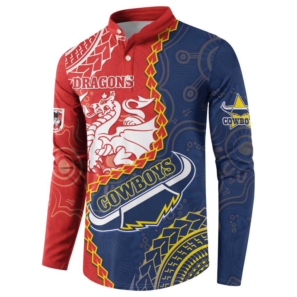 Custom Dragons And Cowboys Rugby Button Sweatshirt Aboriginal Mix Polynesian Pattern