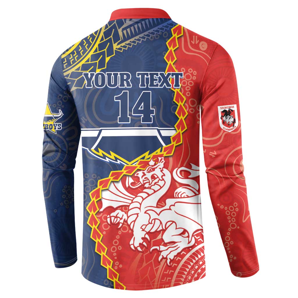 Custom Dragons And Cowboys Rugby Button Sweatshirt Aboriginal Mix Polynesian Pattern