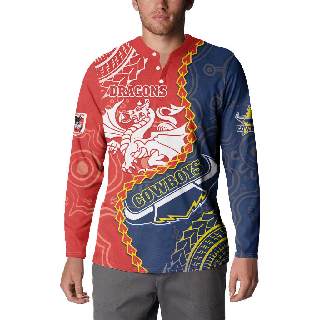 Custom Dragons And Cowboys Rugby Button Sweatshirt Aboriginal Mix Polynesian Pattern