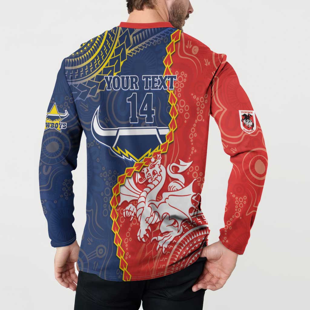 Custom Dragons And Cowboys Rugby Button Sweatshirt Aboriginal Mix Polynesian Pattern