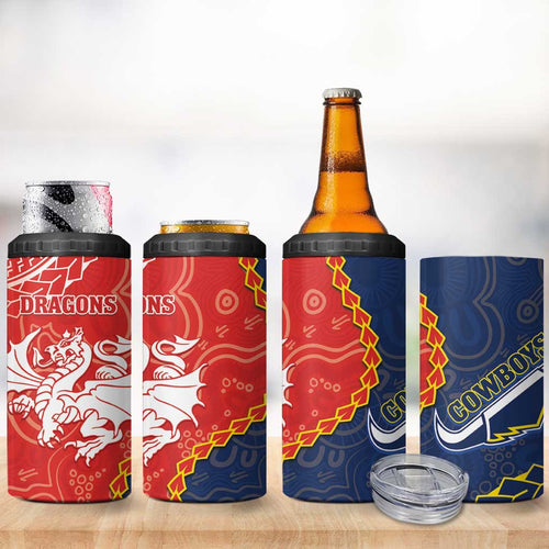 Dragons And Cowboys Rugby 4 in 1 Can Cooler Tumbler Aboriginal Mix Polynesian Pattern