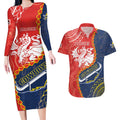 Custom Dragons And Cowboys Rugby Couples Matching Long Sleeve Bodycon Dress and Hawaiian Shirt Aboriginal Mix Polynesian Pattern
