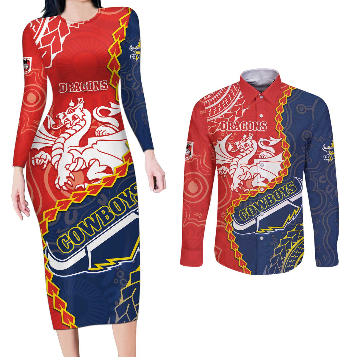 Custom Dragons And Cowboys Rugby Couples Matching Long Sleeve Bodycon Dress and Long Sleeve Button Shirt Aboriginal Mix Polynesian Pattern