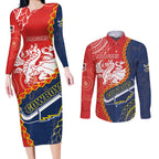 Custom Dragons And Cowboys Rugby Couples Matching Long Sleeve Bodycon Dress and Long Sleeve Button Shirt Aboriginal Mix Polynesian Pattern