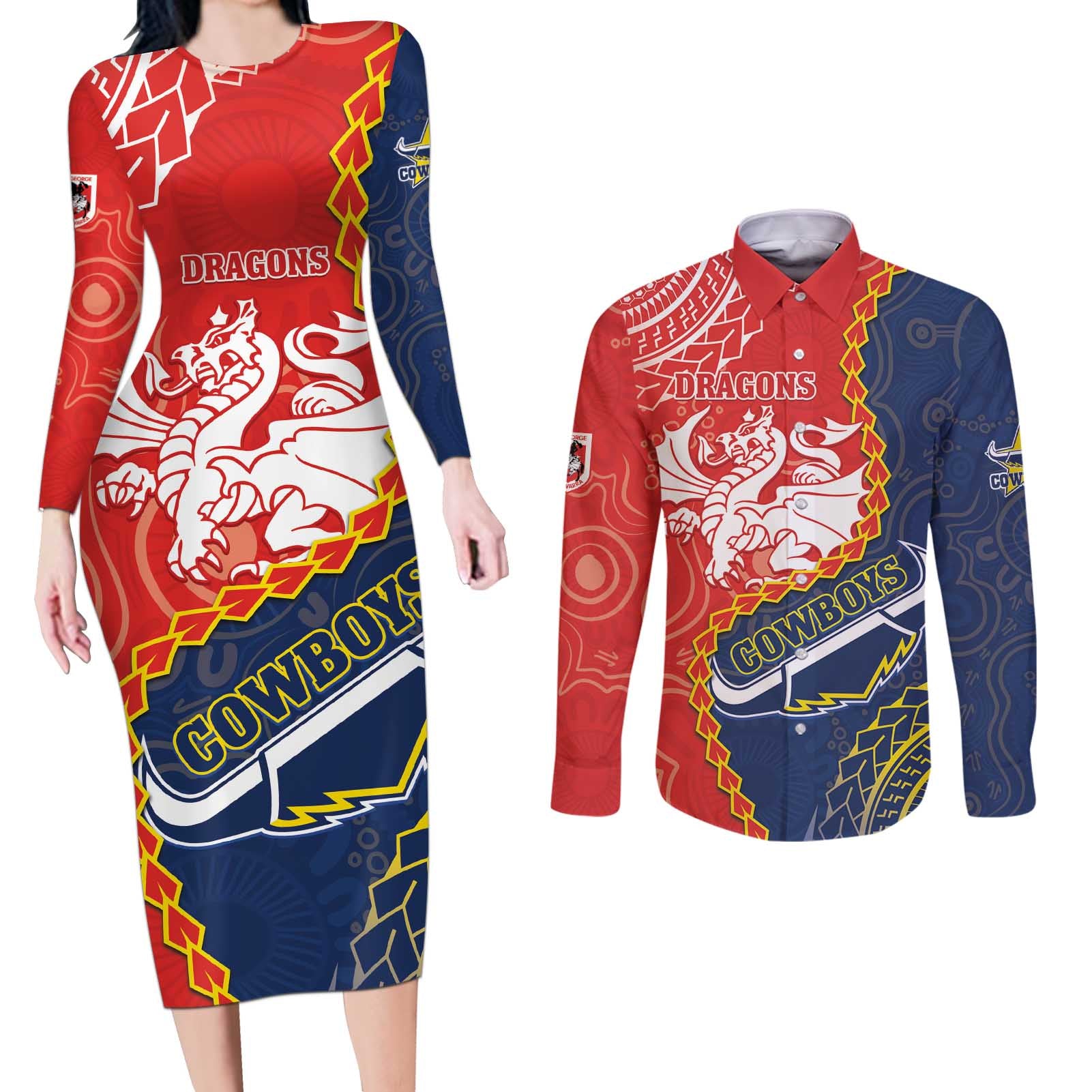 Custom Dragons And Cowboys Rugby Couples Matching Long Sleeve Bodycon Dress and Long Sleeve Button Shirt Aboriginal Mix Polynesian Pattern